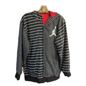 Jordan Black & White Striped Hooded Puffer Jacket with Red Lining